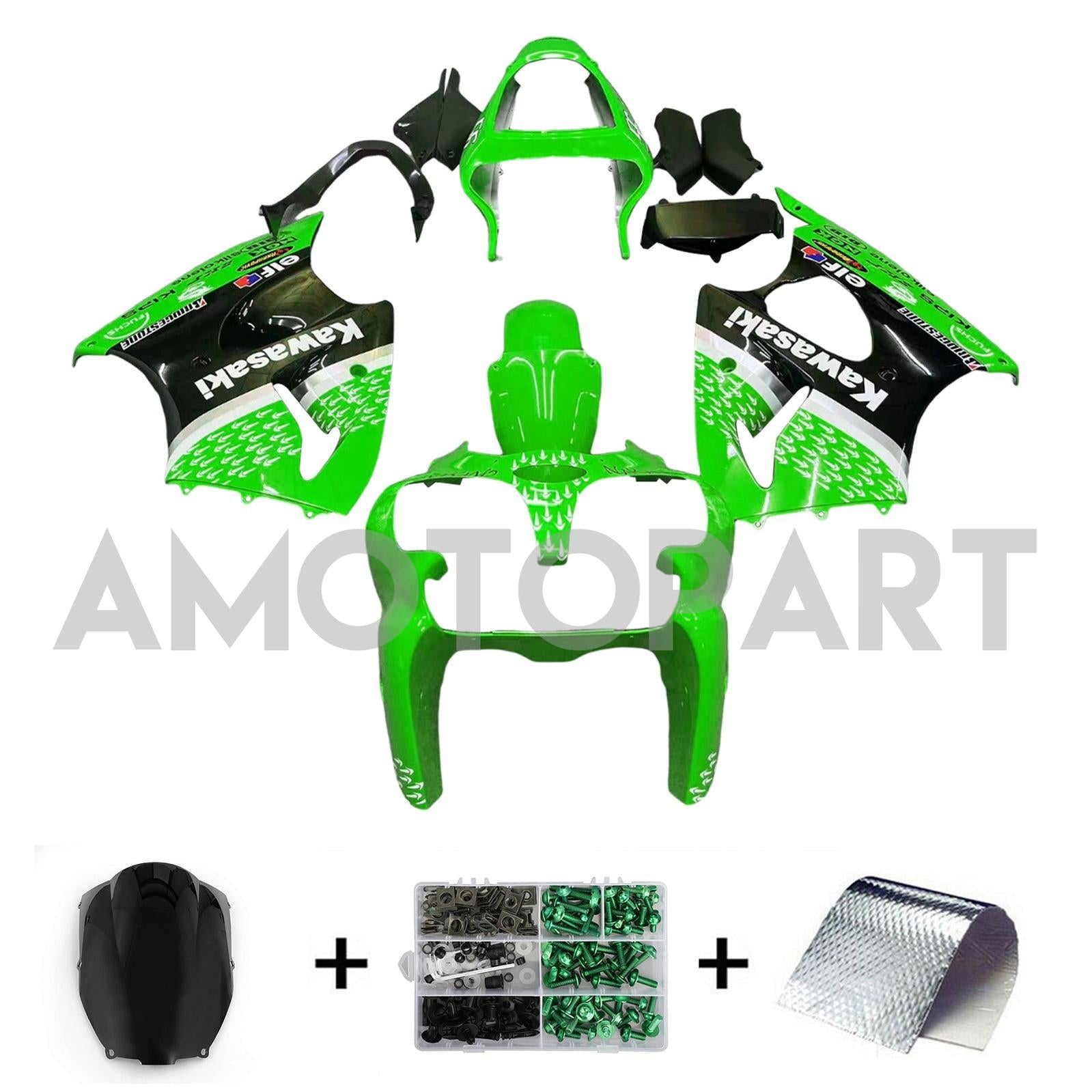Amotopart 2000-2002 Kawasaki ZX6R 636 2005-2008 Kawasaki ZZR600 Green Black Fairing Kit