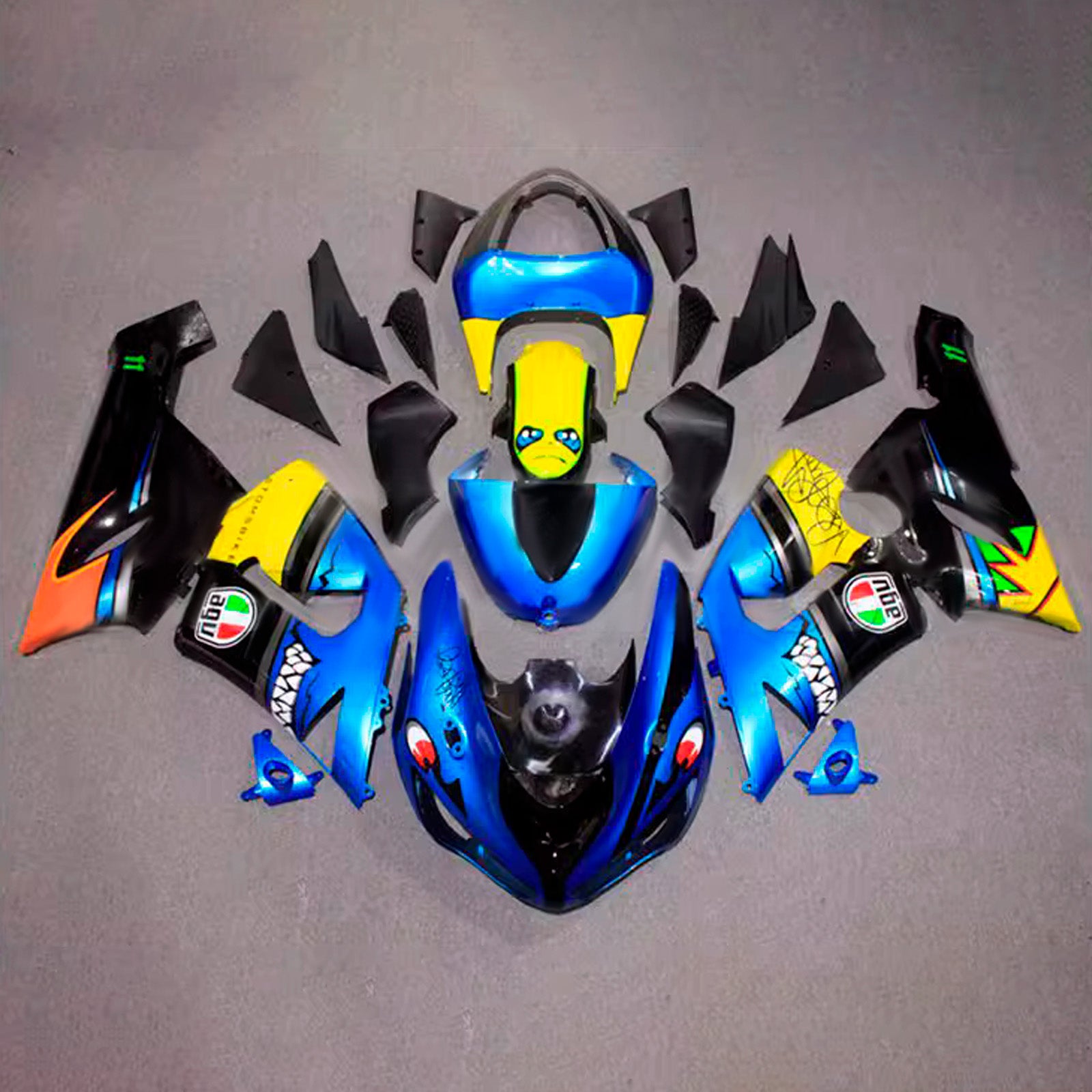 Amotopart 2005-2006 Kawasaki ZX6R 636 Black Blue Yellow Fairing Kit