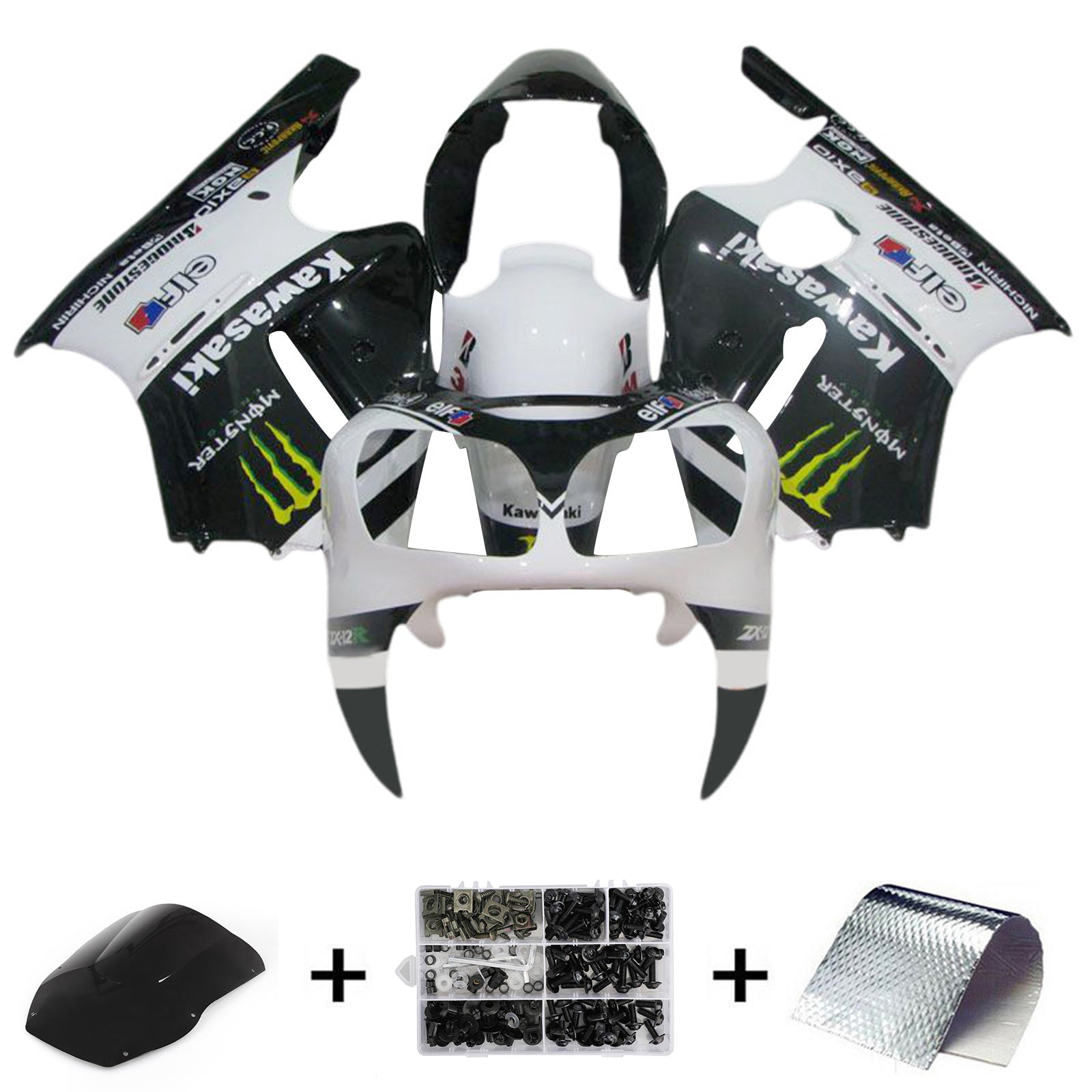 Kit de carénage Amotopart 2000-2001 Kawasaki ZX12R noir blanc