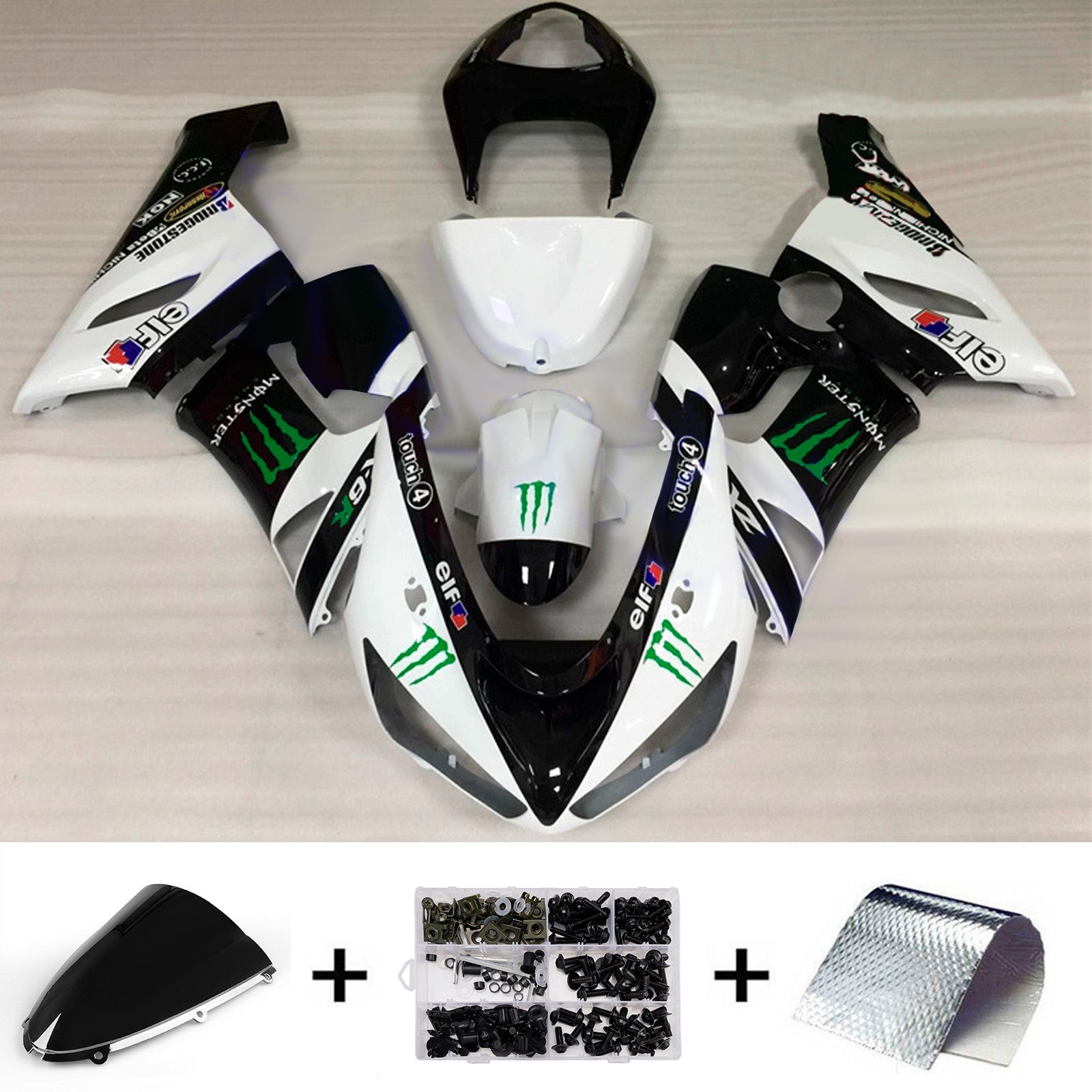 Amotopart 2005-2006 Kawasaki ZX6R 636 Black White Green Fairing Kit