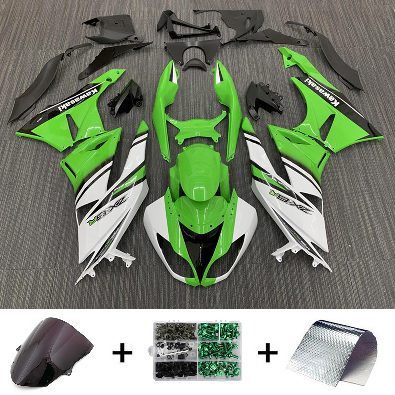 Amotopart Kawasaki 2009-2012 ZX6R 636 Kit de carenado Style2 verde y blanco