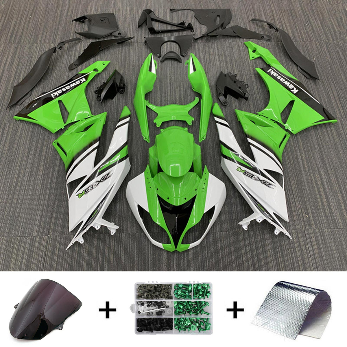 Amotopart Kawasaki 2009-2012 ZX6R 636 グリーン&ホワイト Style2 フェアリングキット