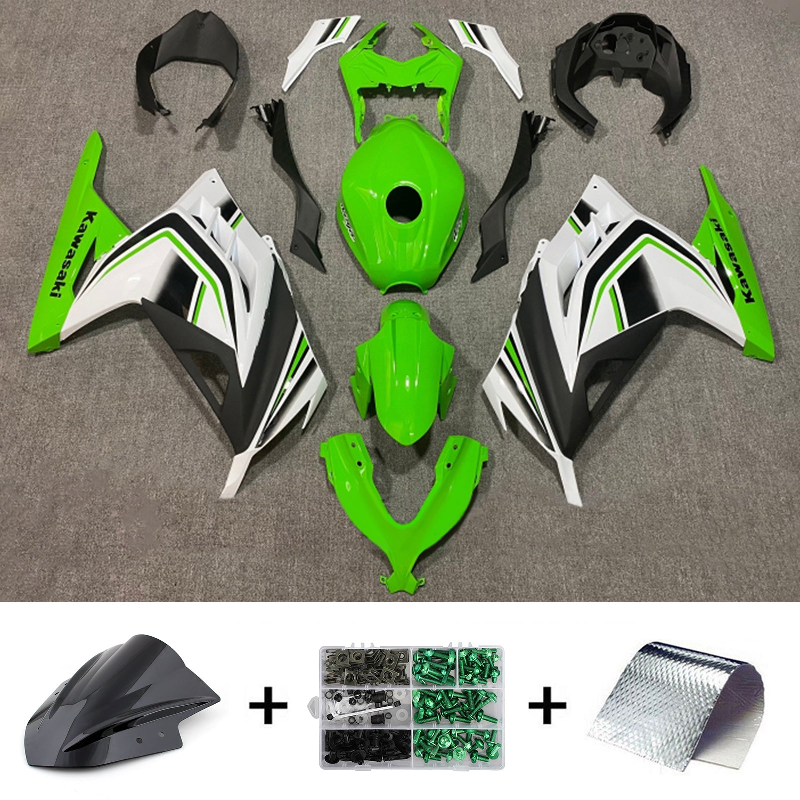 Amotopart 2013-2024 Kit carena Kawasaki EX300/Ninja300 Nero&amp;Verde Style6