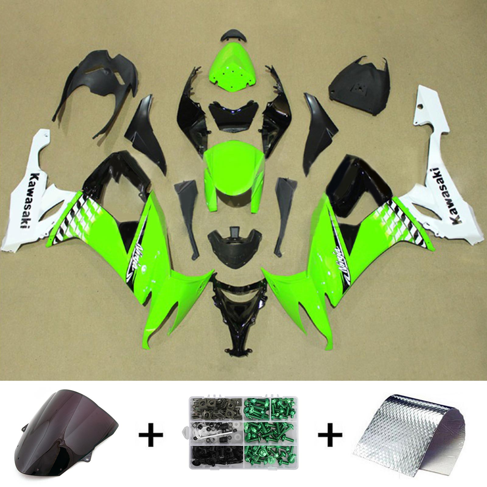 Amotopart 2008–2010 Kawasaki ZX10R Grün-Weiß Style1 Verkleidungsset