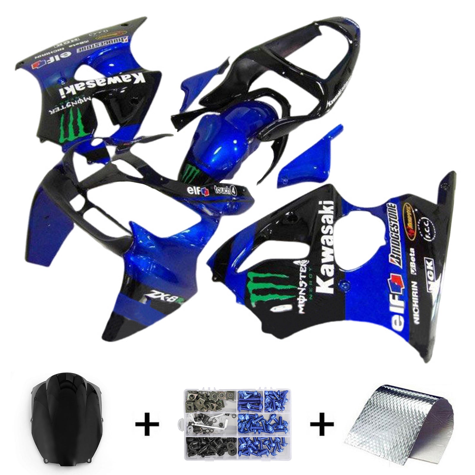 Amotopart 2000-2002 Kawasaki ZX6R 636 e 2005-2008 Kawasaki ZZR600 Kit carena nero blu