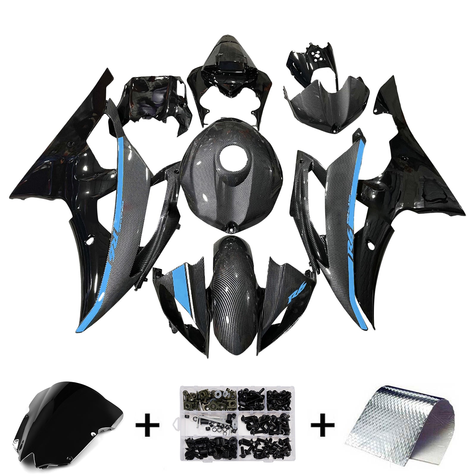 Amotopart 2008-2016 Yamaha YZF-R6 Blue & Black Carbon Fiber Pattern Fairing Kit