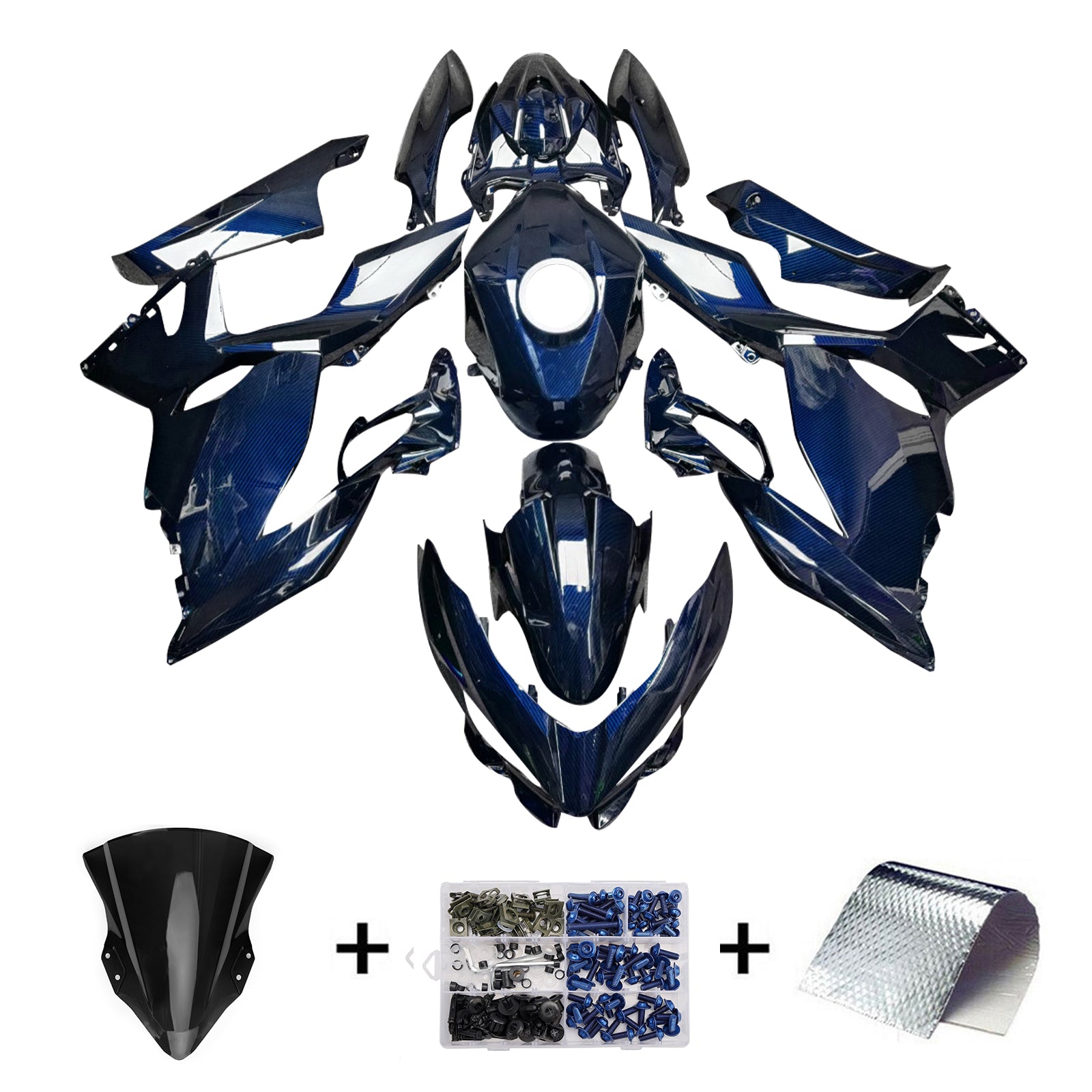 Amotopart 2018-2024 Kawasaki EX400 Ninja400 Carbon Fiber Pattern Blue Fairing Kit