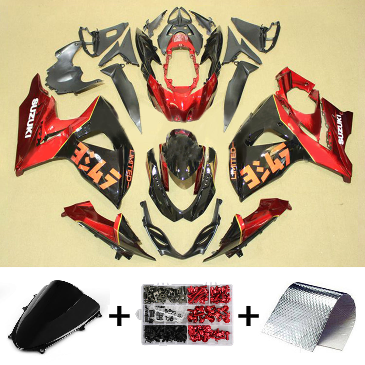 Amotopart 2009-2016 K9 GSXR1000 Suzuki Kit de carénage rouge et noir