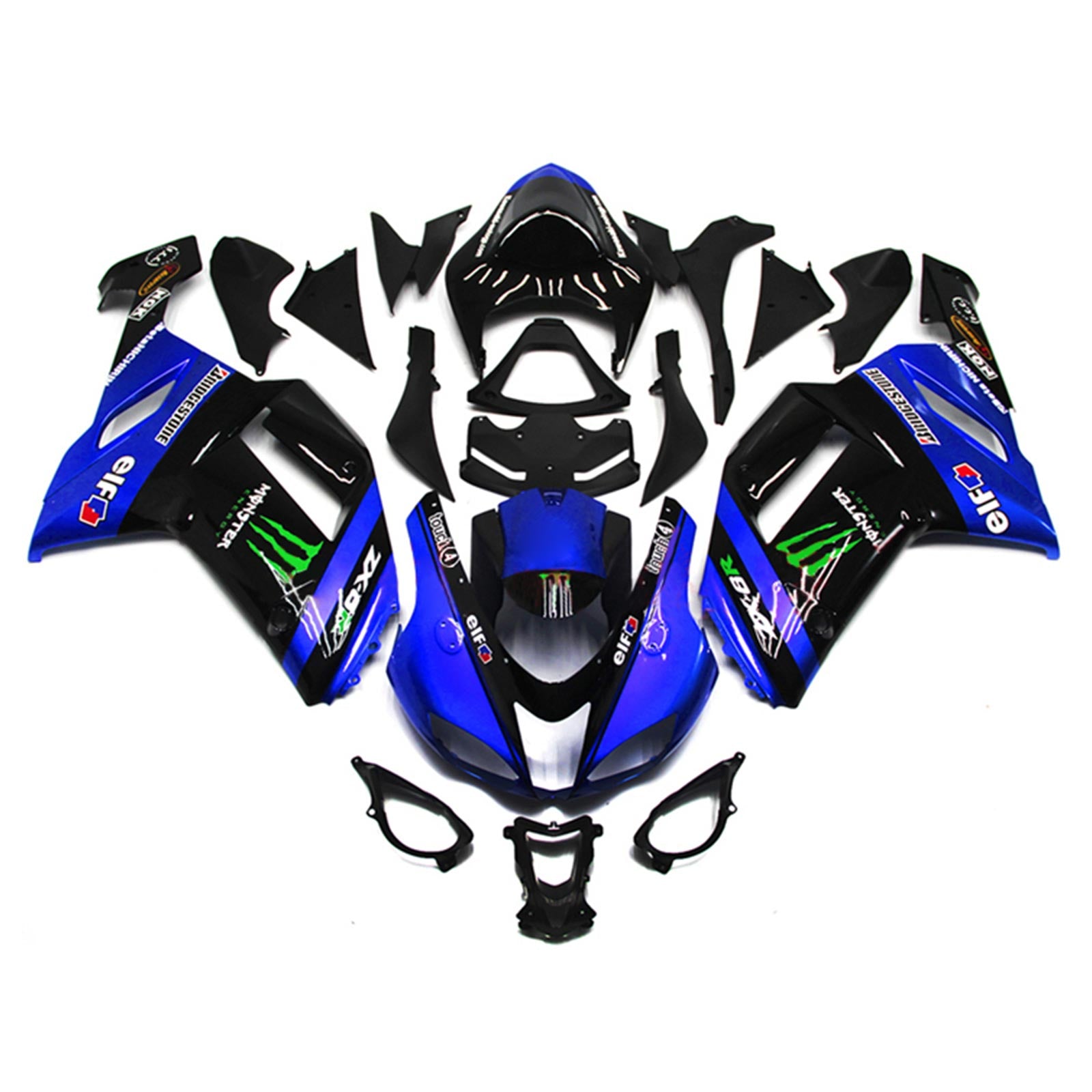 Amotopart 2007-2008 Kawasaki ZX6R 636 Kit de carénage noir et bleu