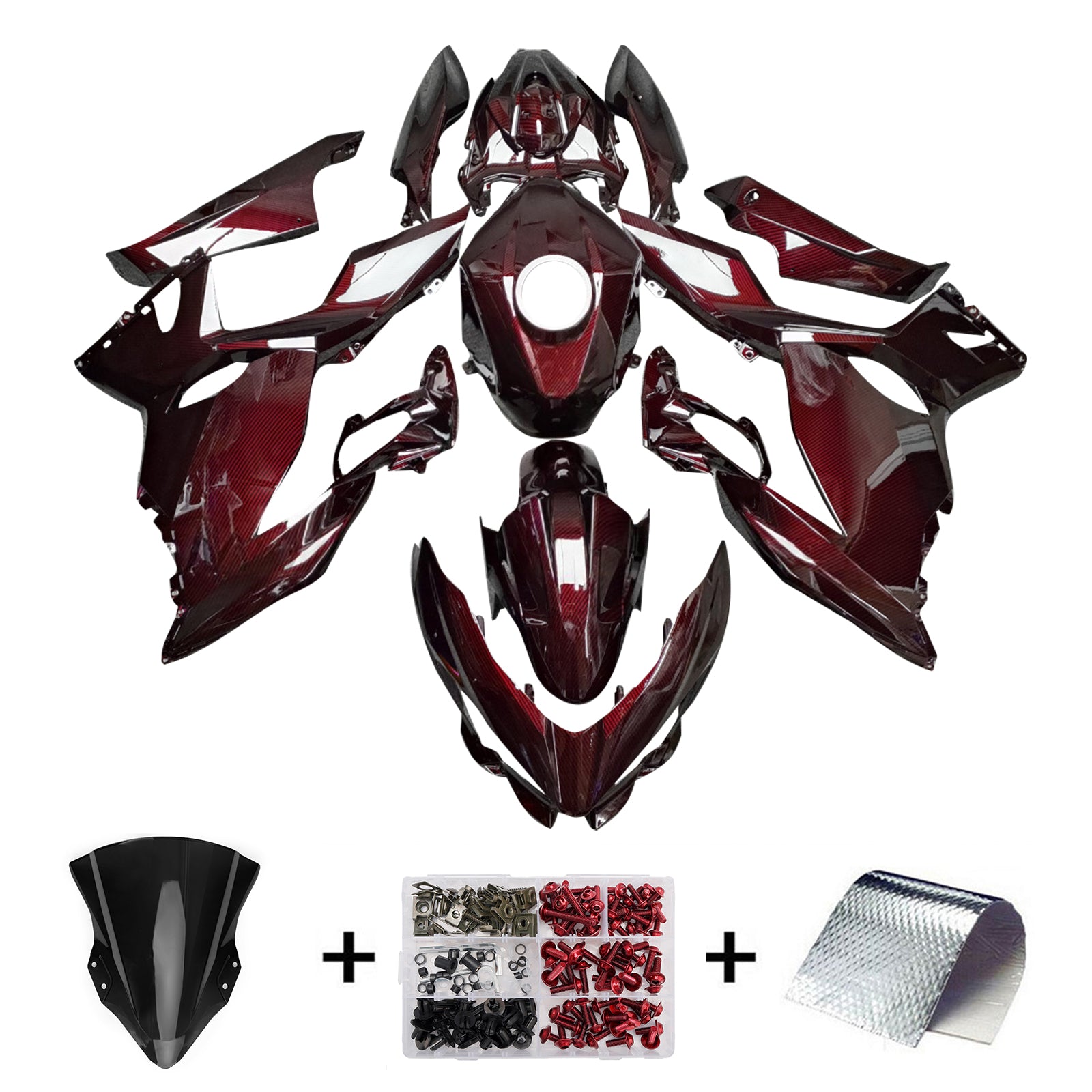 Amotopart 2018-2024 Kawasaki EX400 Ninja400 Dark Red Carbon Fiber Pattern Fairing Kit
