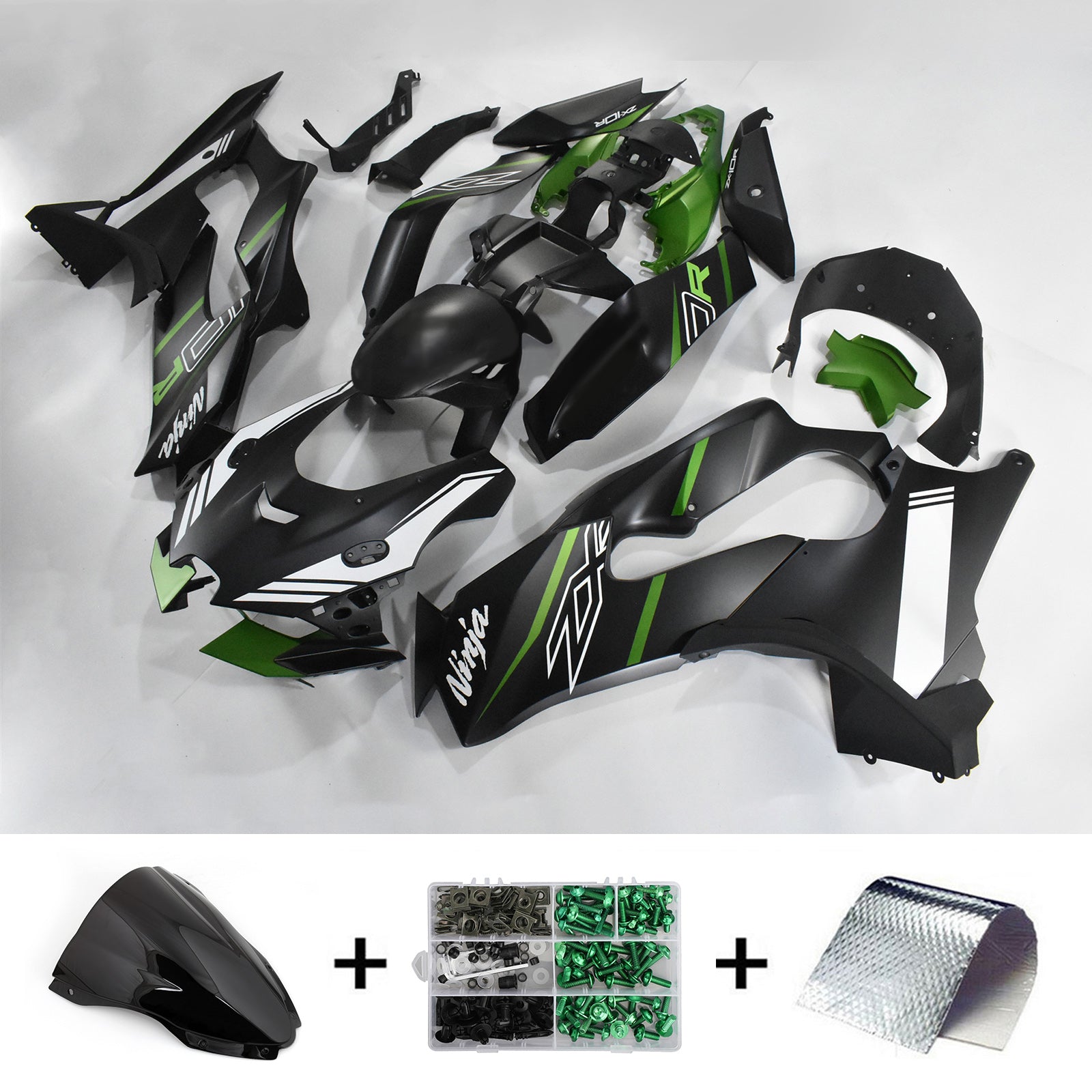 Amotopart 2021-2024 Kawasaki ZX10R ZX10RR ブラック グリーンアクセント付き Style3 フェアリング