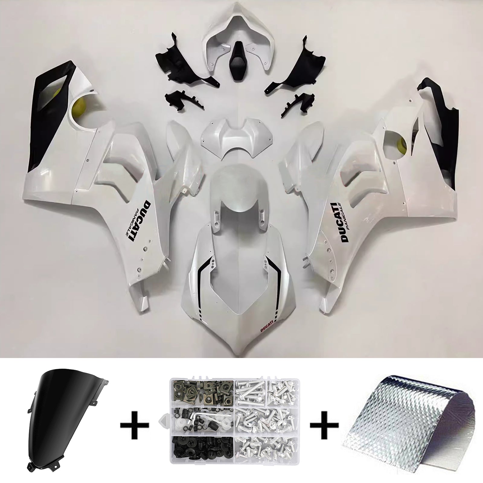 Amotopart Ducati Panigale 20-21 V4 V4S & 21-22 V4SP & 19-22 V4R Pearl White Black & Logo Fairing Kit