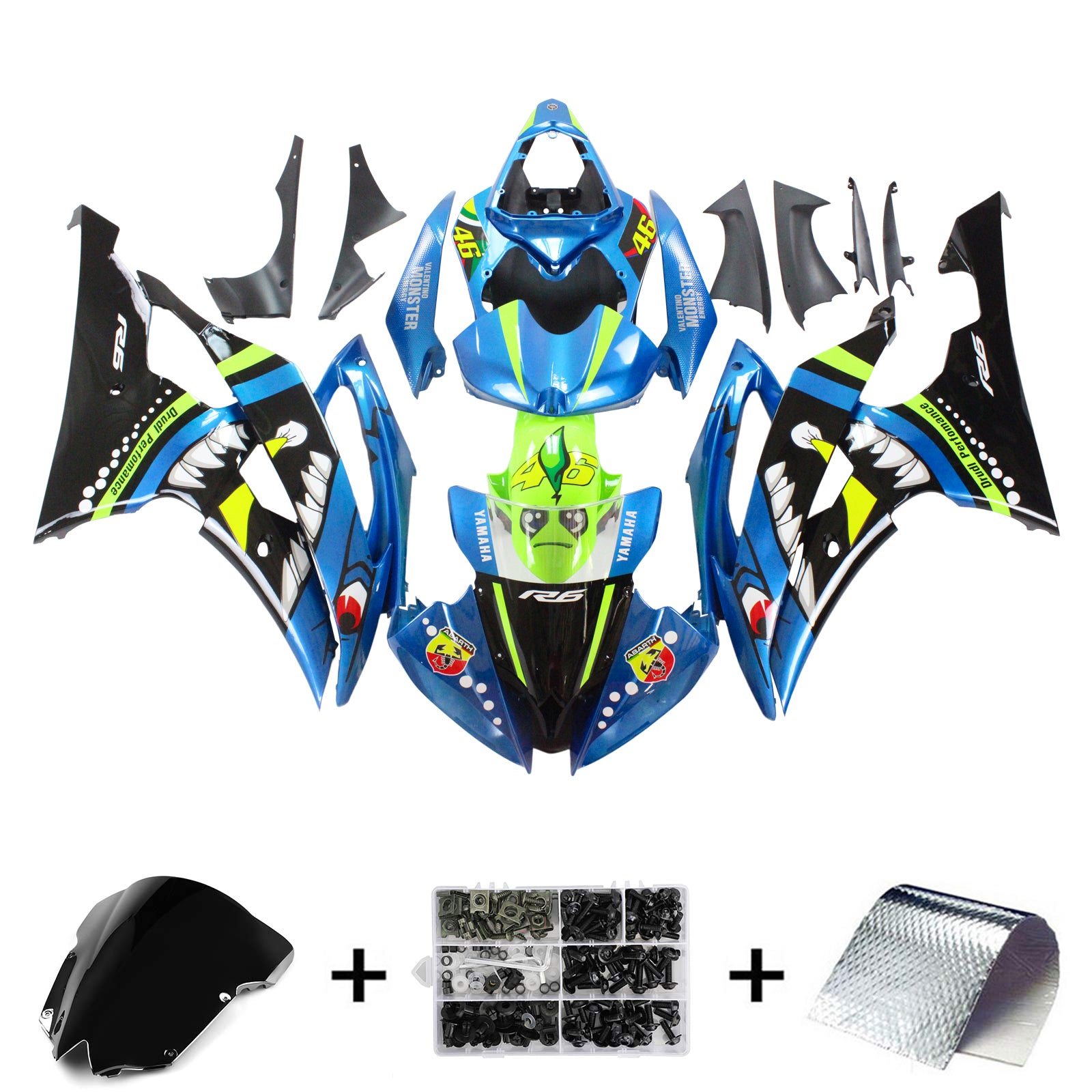 Amotopart 2008-2016 YZF 600 R6 Yamaha Kit de carenado Monster azul y verde