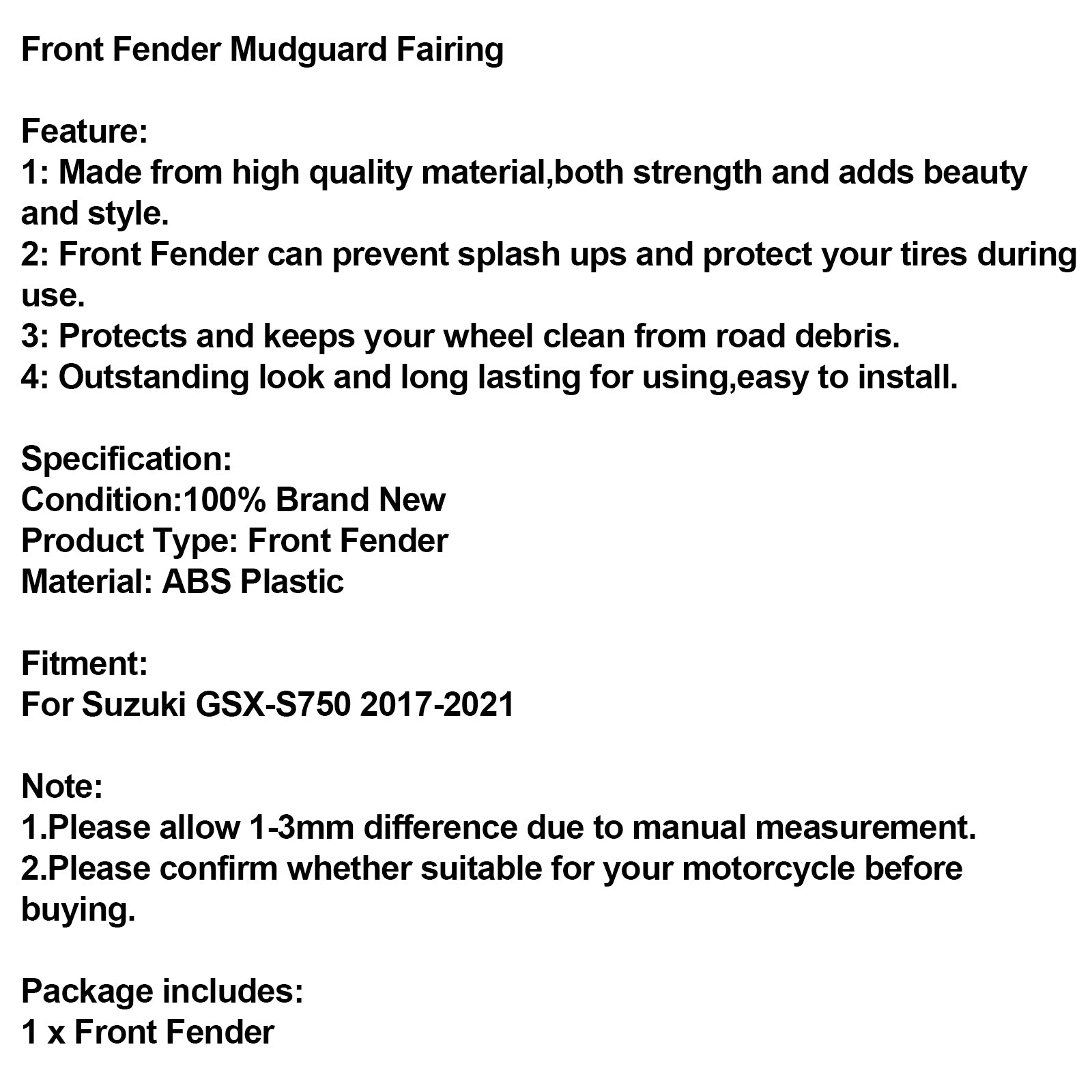 Front Fender Mud Guard Hugger Cowling Fairing For Suzuki GSX-S750 2017-2021 Carbon
