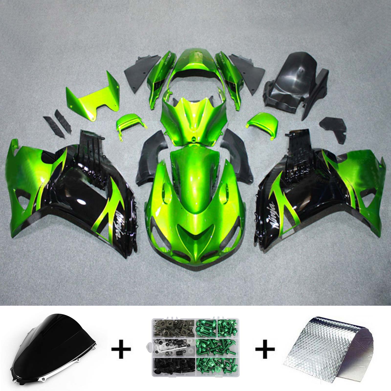 Amotopart 2006–2011 Kawasaki ZX14R Grün &amp; Schwarz Style1 Verkleidungsset