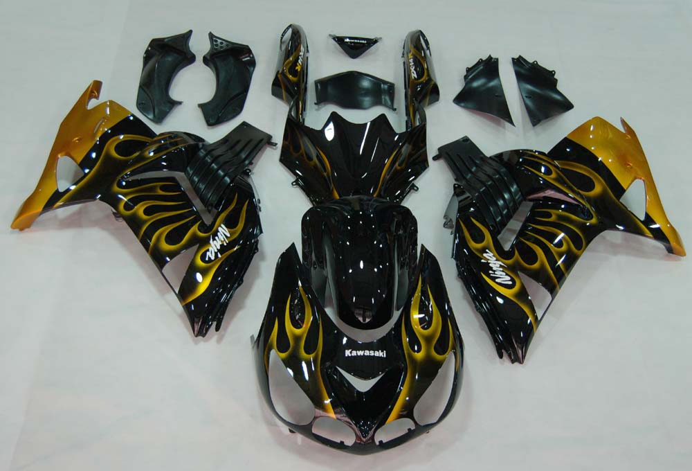 Amotopart 2006-2011 Kawasaki ZX14R noir avec kit de carénage flamme jaune