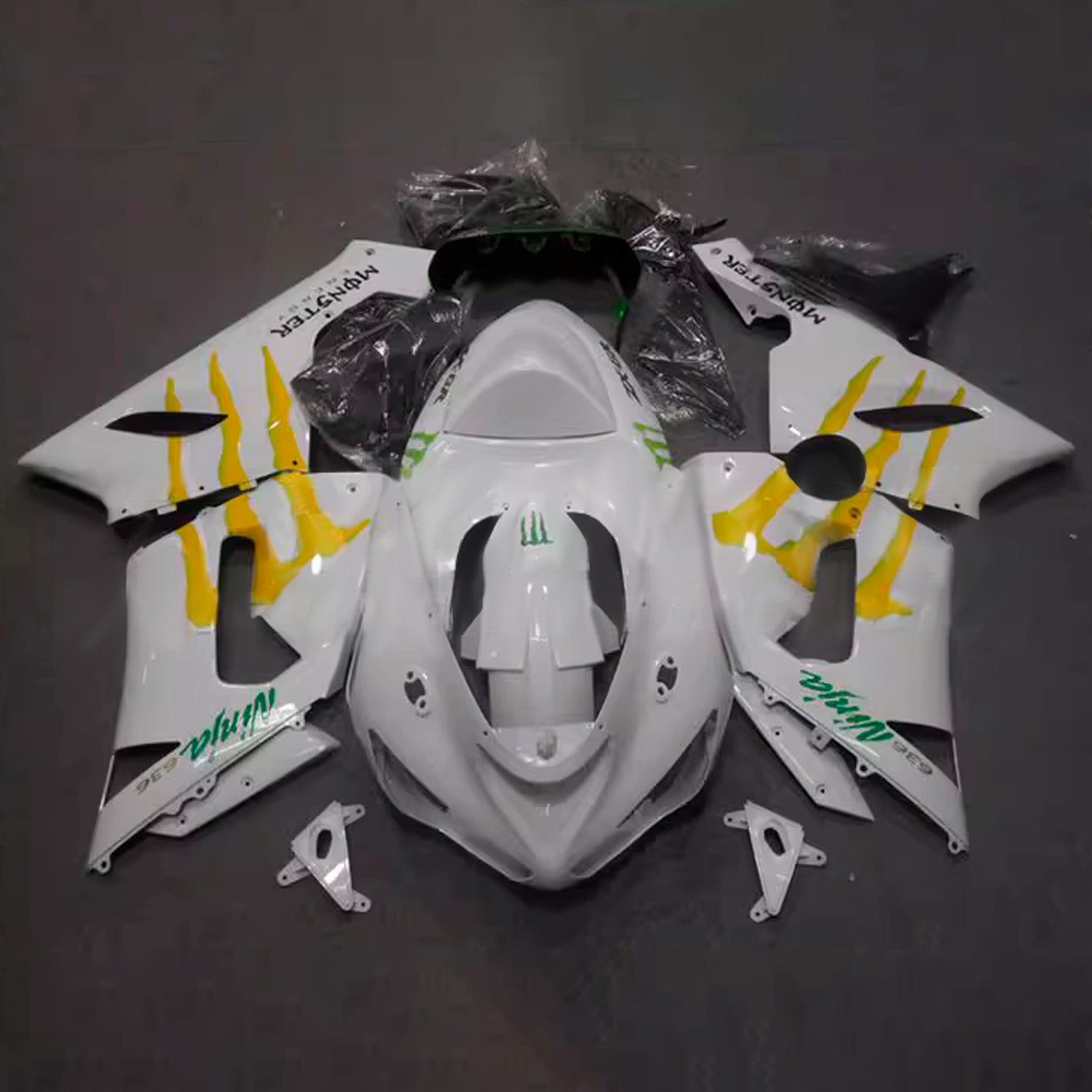 Amotopart 2005-2006 Kawasaki ZX6R 636 White Yellow Green Fairing Kit
