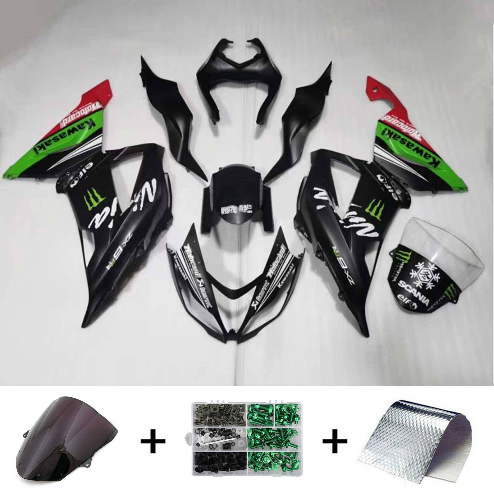 Amotopart Kawasaki ZX6R 636 2013-2018 Kit de carenado estilo 6 verde y negro