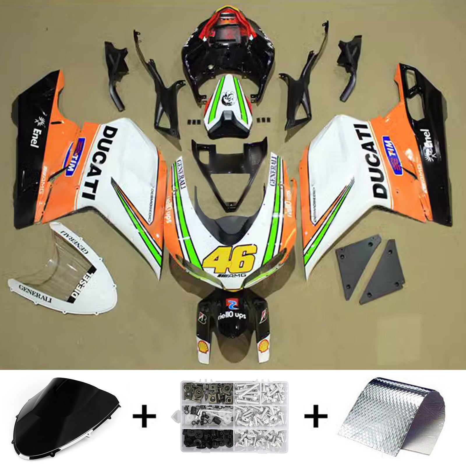 Amotopart 2007-2011 Ducati 1098/1198/848 Glossy Black White Orange Fairing Kit