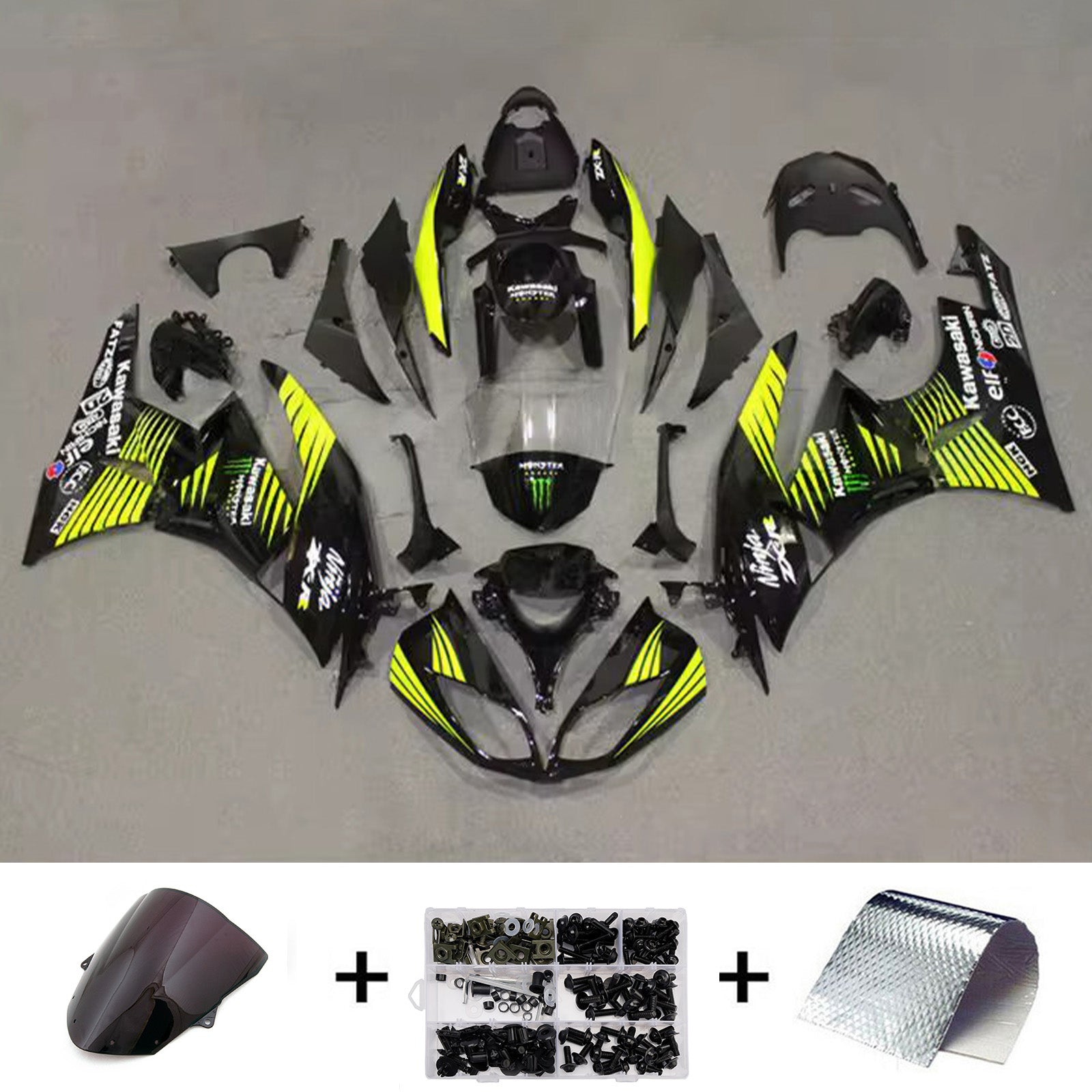 Amotopart 2009-2012 Kawasaki ZX6R 636 Black Yellow Fairing Kit