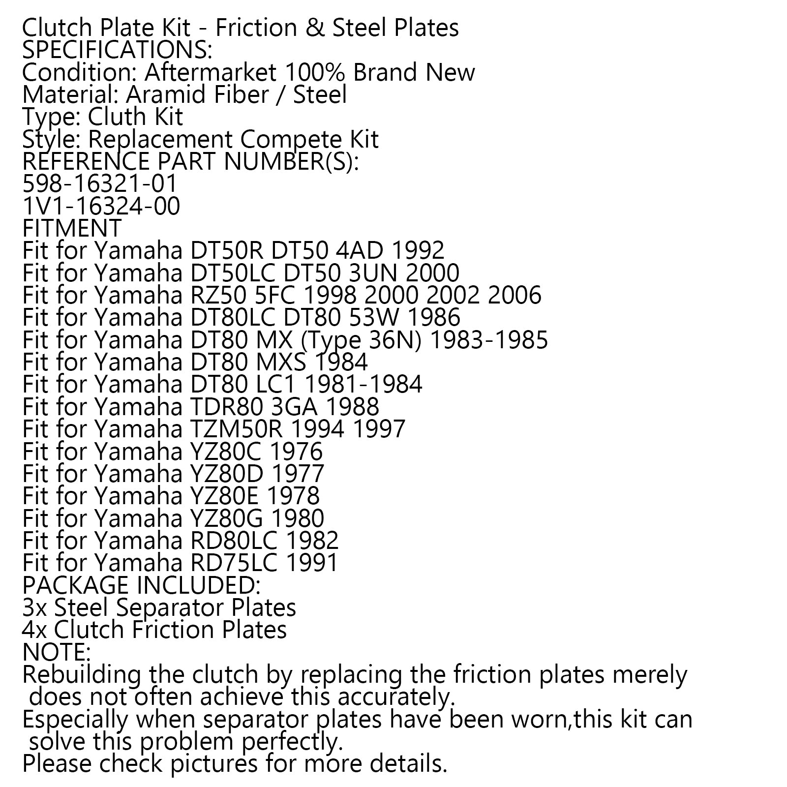 Clutch Kit Steel & Friction Plates fit for Yamaha DT50 RZ50 DT80 TDR80 YZ80
