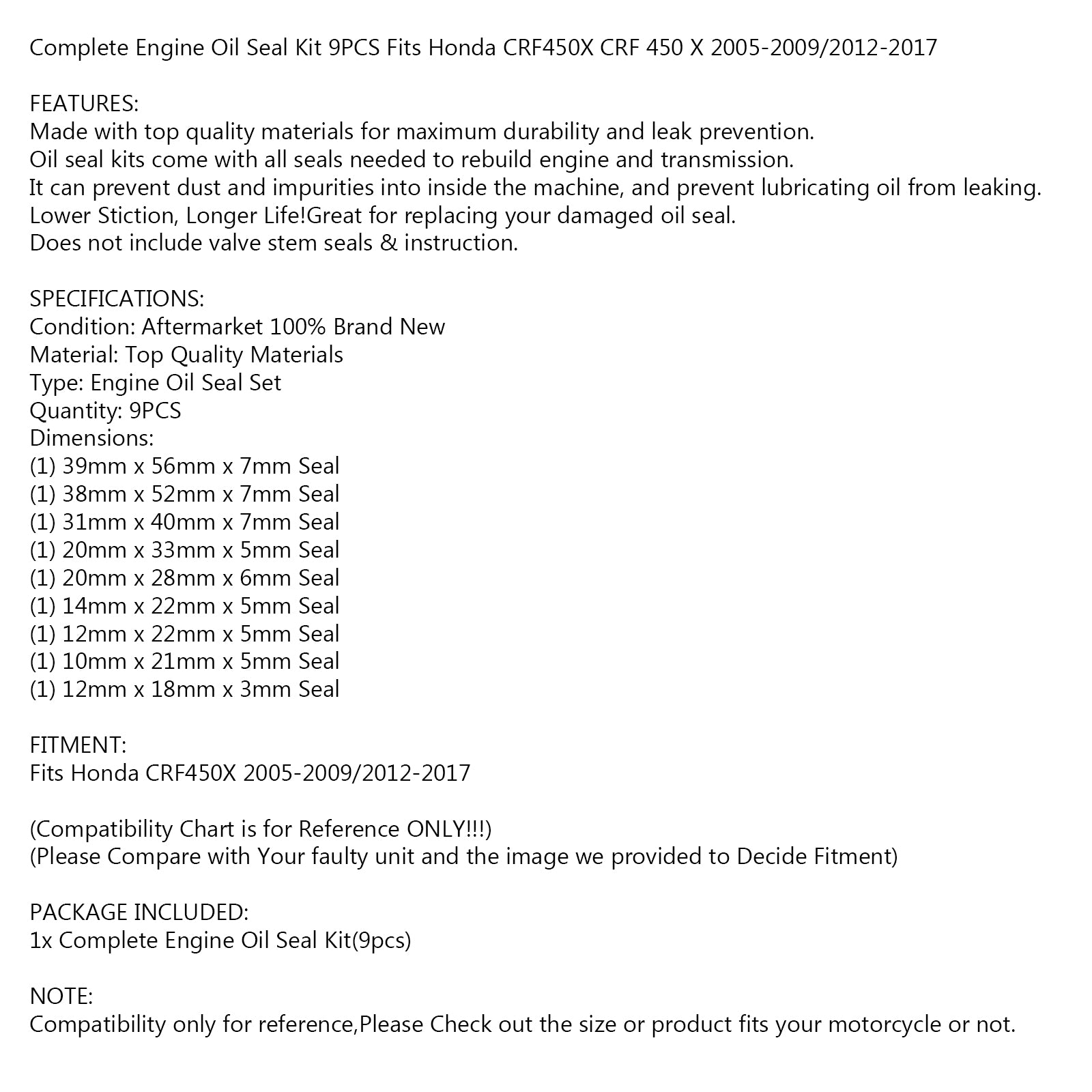 9 個エンジンオイルシールキットセットホンダ CRF450X CRF 450 2005-2009/2012-2017