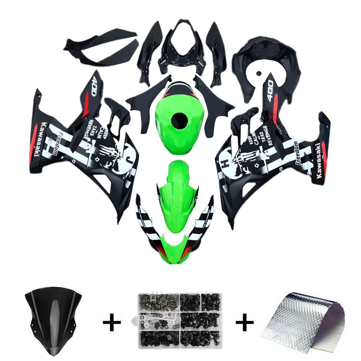 Amotopart 2018-2024 Kawasaki EX400 Ninja400 Green with Skull Fairing Kit