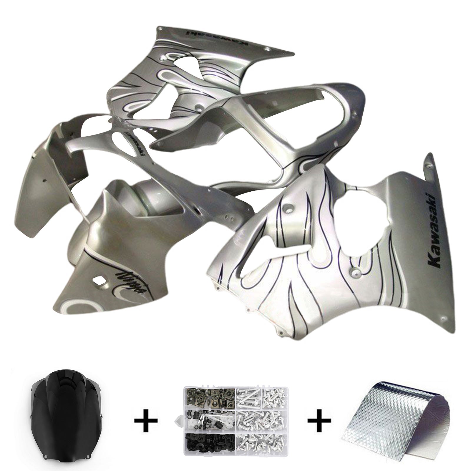 Amotopart 2000-2002 カワサキ ZX6R 636 & 2005-2008 カワサキ ZZR600 シルバー フェアリングキット