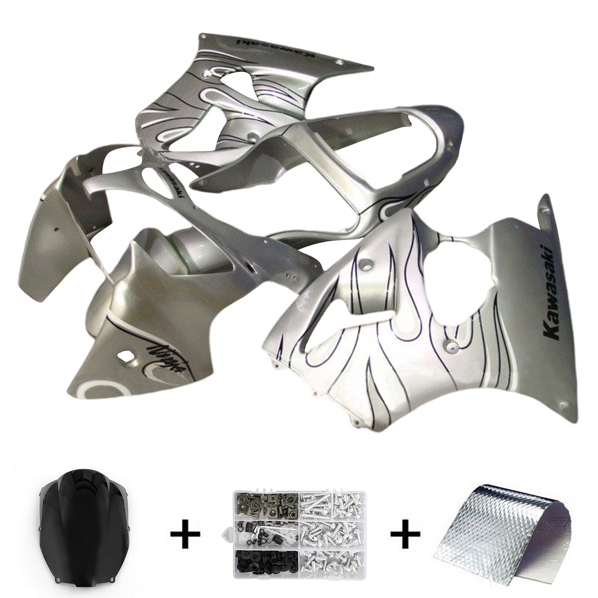 Amotopart 2000-2002 Kawasaki ZX6R 636 y 2005-2008 Kawasaki ZZR600 Kit de carenado plateado