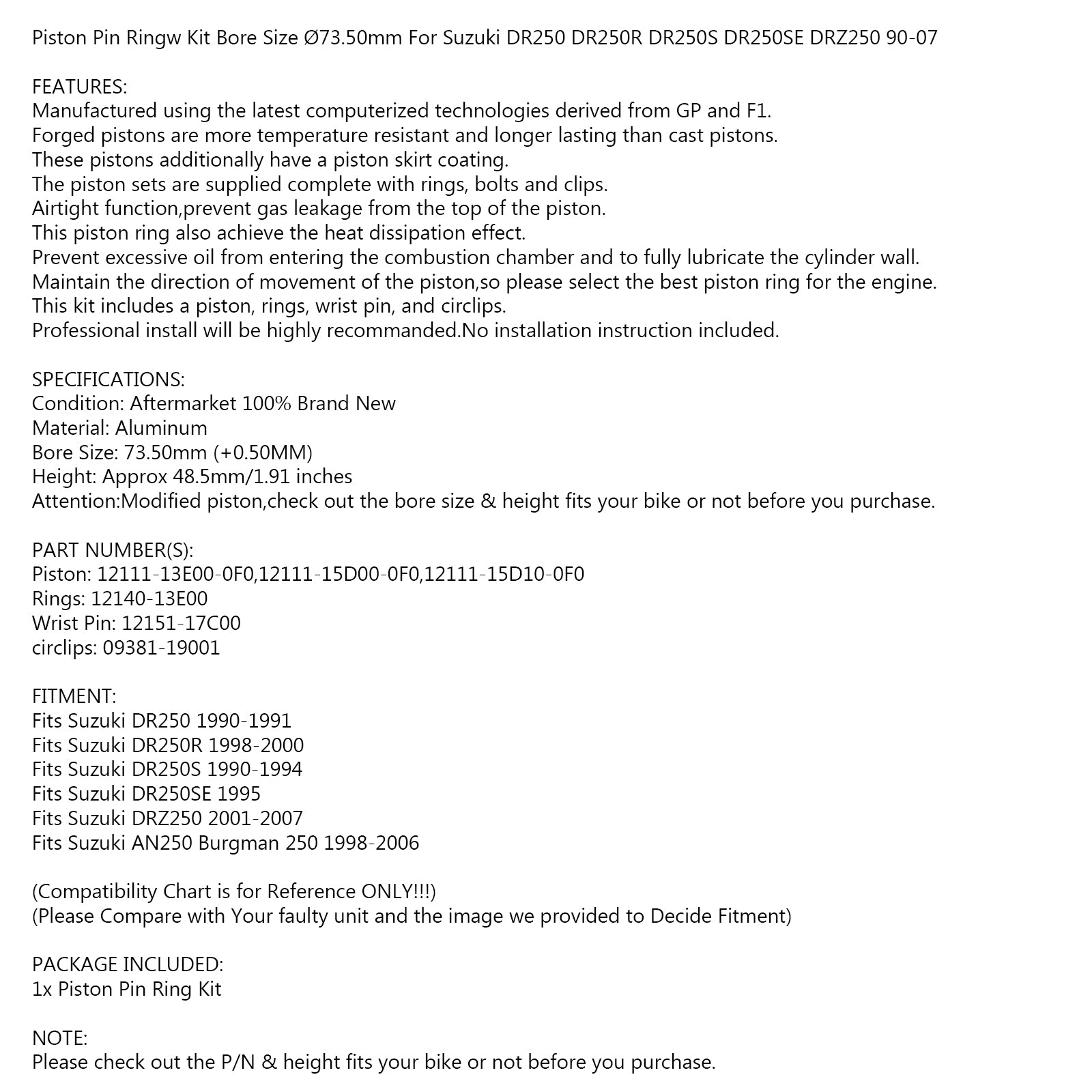 ピストンリングピンキット 73.50 ミリメートル +0.50 ミリメートルボアスズキ DR250R/S DRZ250 1998-2007
