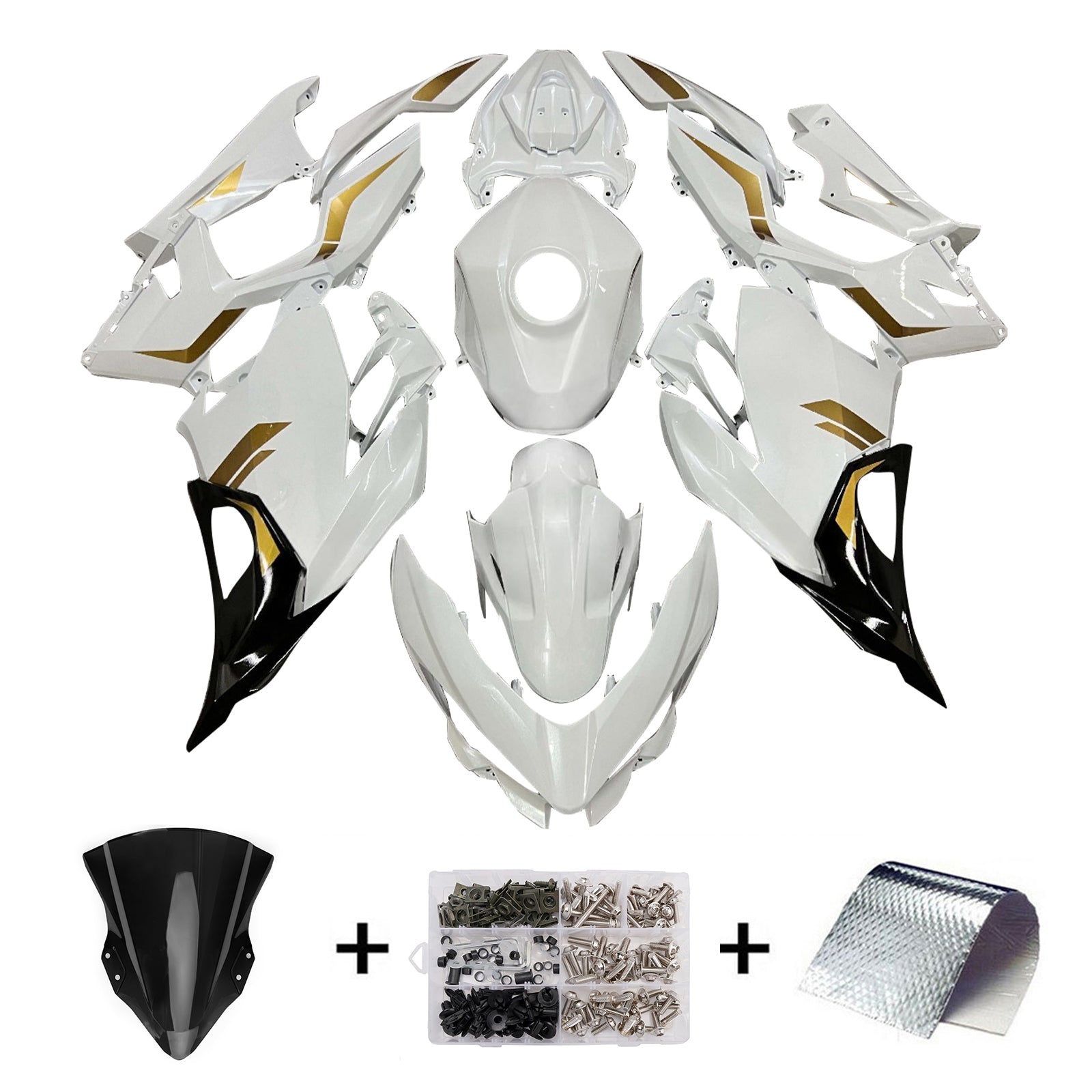 Amotopart 2018-2024 Kawasaki EX400 Ninja400 Black White Gold Fairing Kit