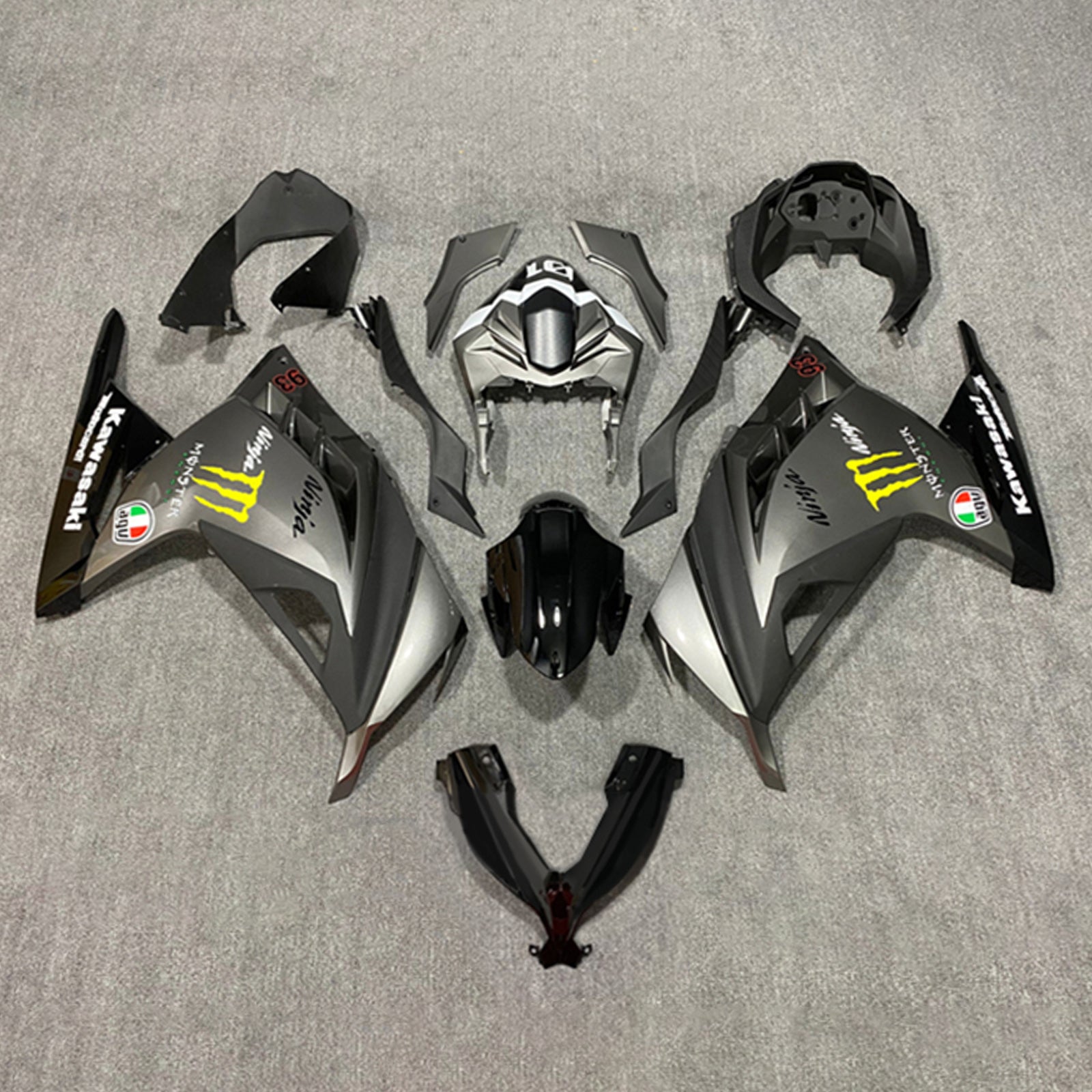 Amotopart 2013-2024 Kawasaki EX300/Ninja300 Gris mat avec kit de carénage Monster Logo