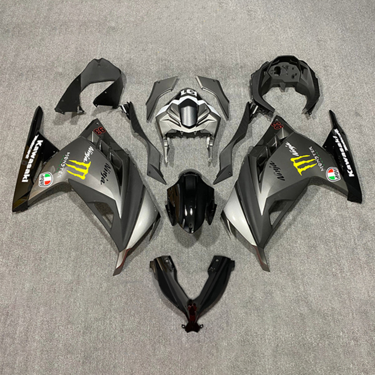 Amotopart 2013-2024 Kawasaki EX300/Ninja300 grigio opaco con kit carenatura Monster Logo