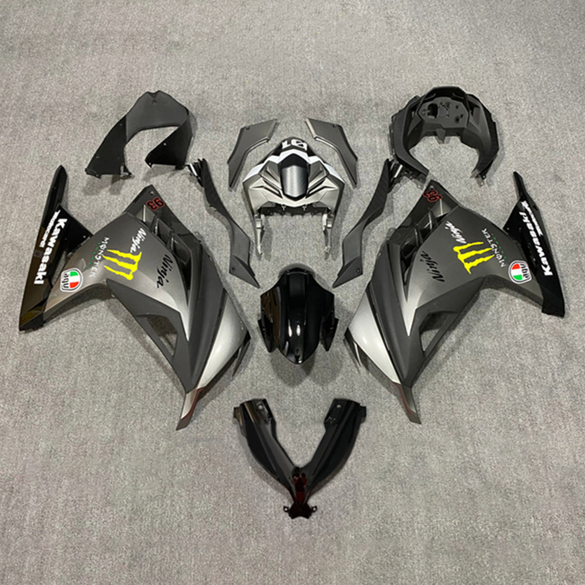 Amotopart 2013-2024 Kawasaki EX300/Ninja300 gris mate con kit de carenado con logotipo Monster