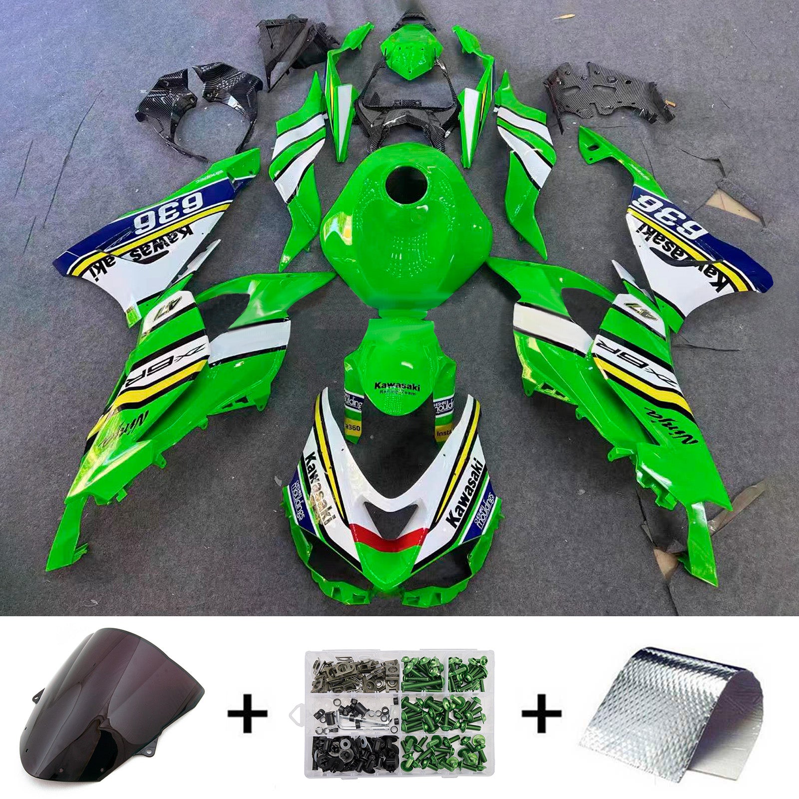 Amotopart 2024-2025 Kawasaki ZX-6R Green White Blue Fairing Kit