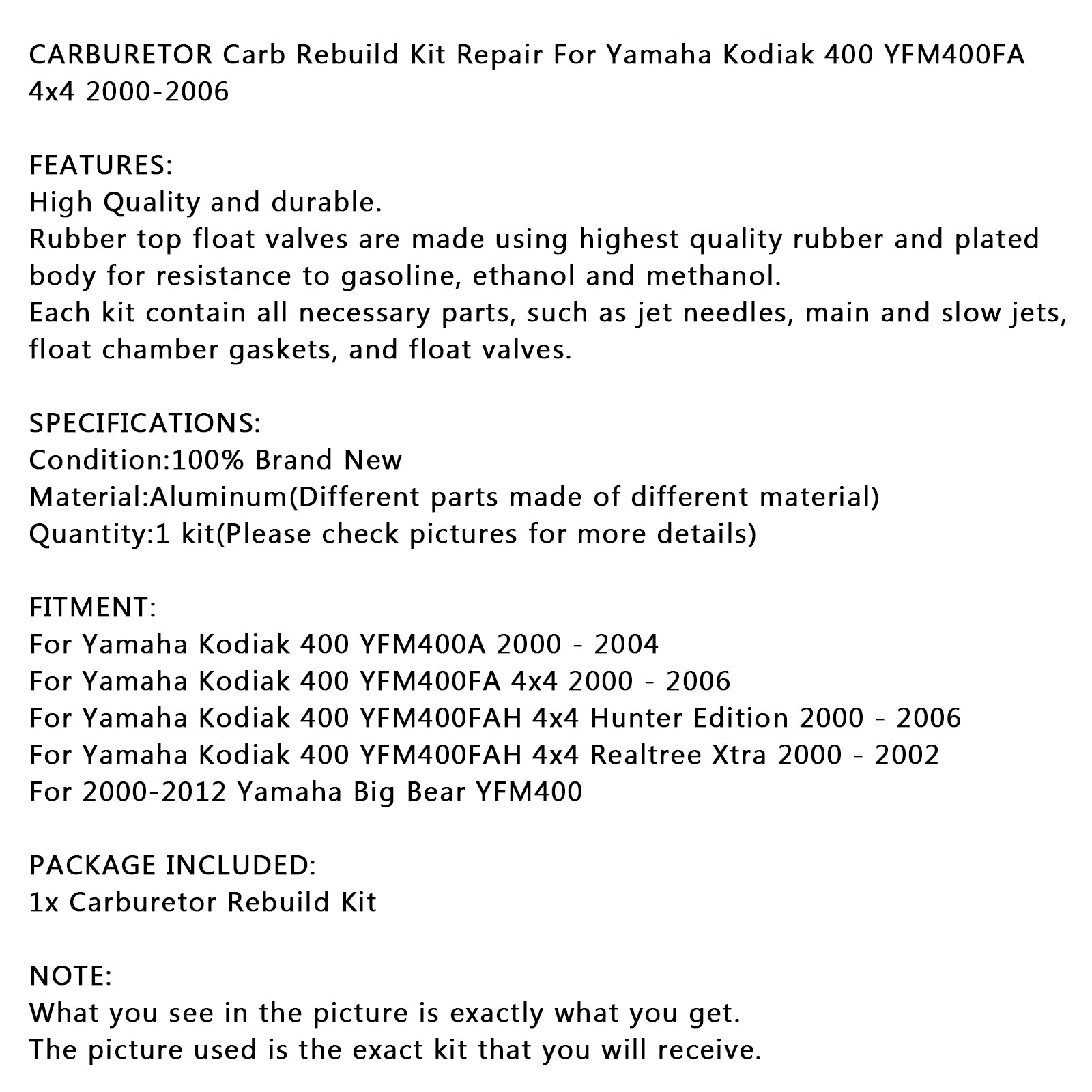 Kit de réparation de carburateur, pour Yamaha Kodiak 400 YFM400FA 4x4 2000 – 2006