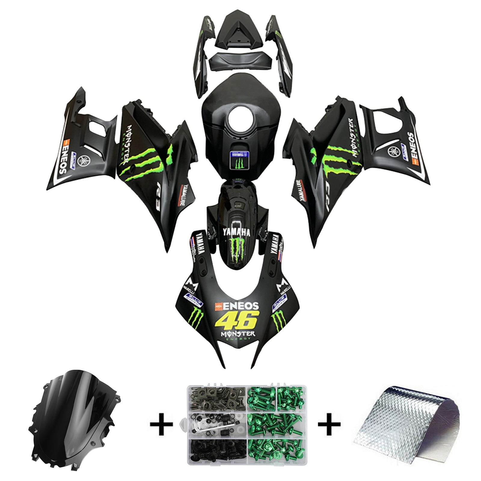 Amotopart Yamaha 2019-2021 YZF R3/YZF R25 Negro con Monster Logo Style3 Kit de carenado