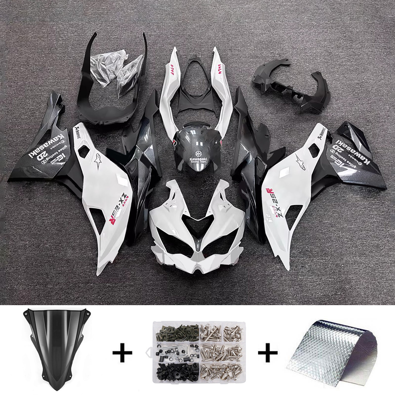 Amotopart 2019-2022 Kawasaki Ninja ZX-25R 2023-2025 Kawasaki Ninja ZX-4R/ZX-4RR White Black Fairing Kit