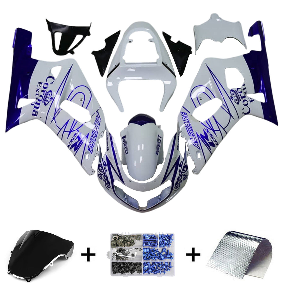 Amotopart 2001-2003 GSXR600 2000-2003 GSXR750 K1 Suzuki Kit de carenado de rayas blancas y azules