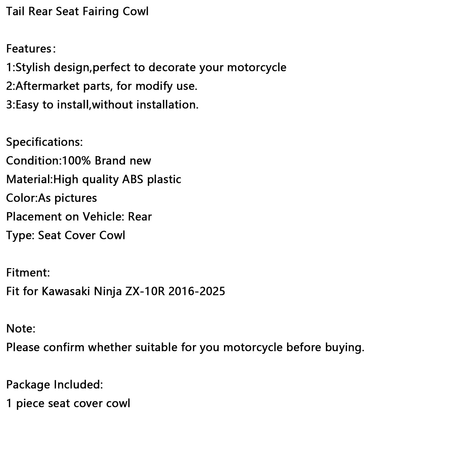 2016-2025 Kawasaki ZX10R ZX-10R  Racing Tail Rear Seat Fairing Cowl