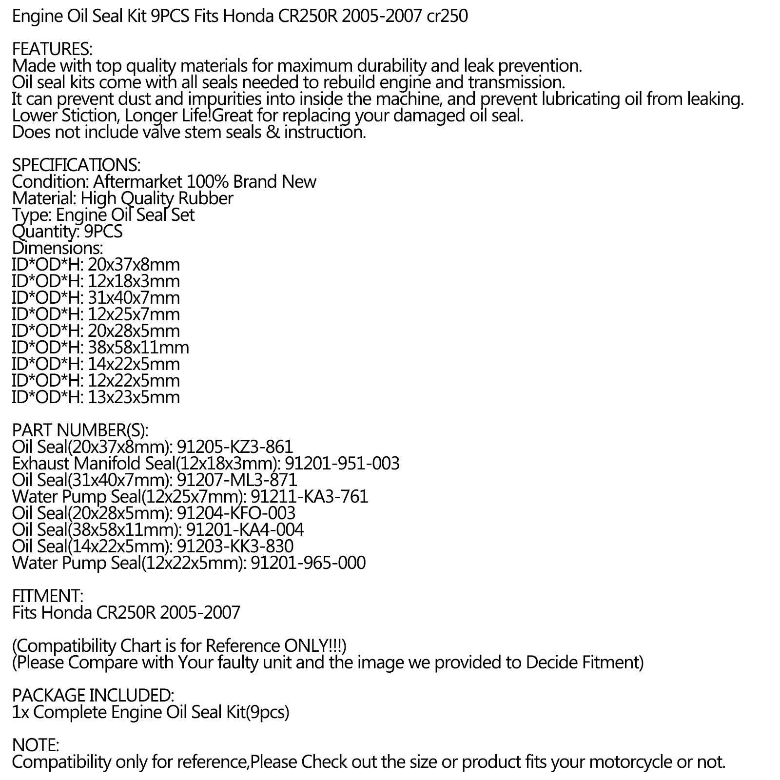 05-07 Honda CR250R CR250 CR 250 250R Engine Oil Seal Kit Set 9pcs Seals