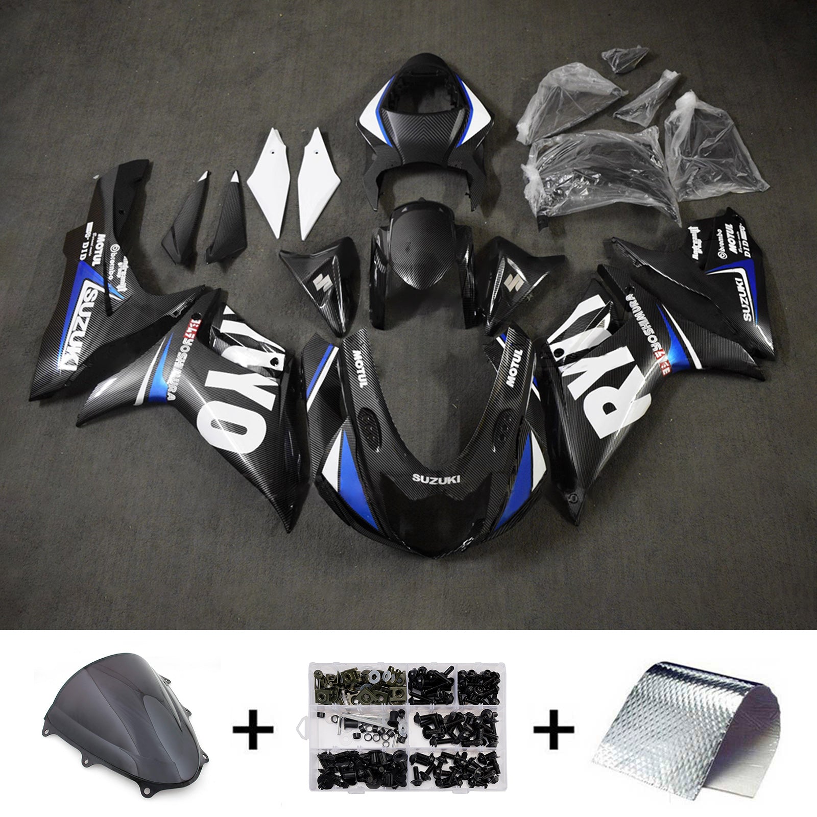 Amotopart 2011-2026 Kit carena modello Suzuki GSXR 600/750 nero bianco blu in fibra di carbonio