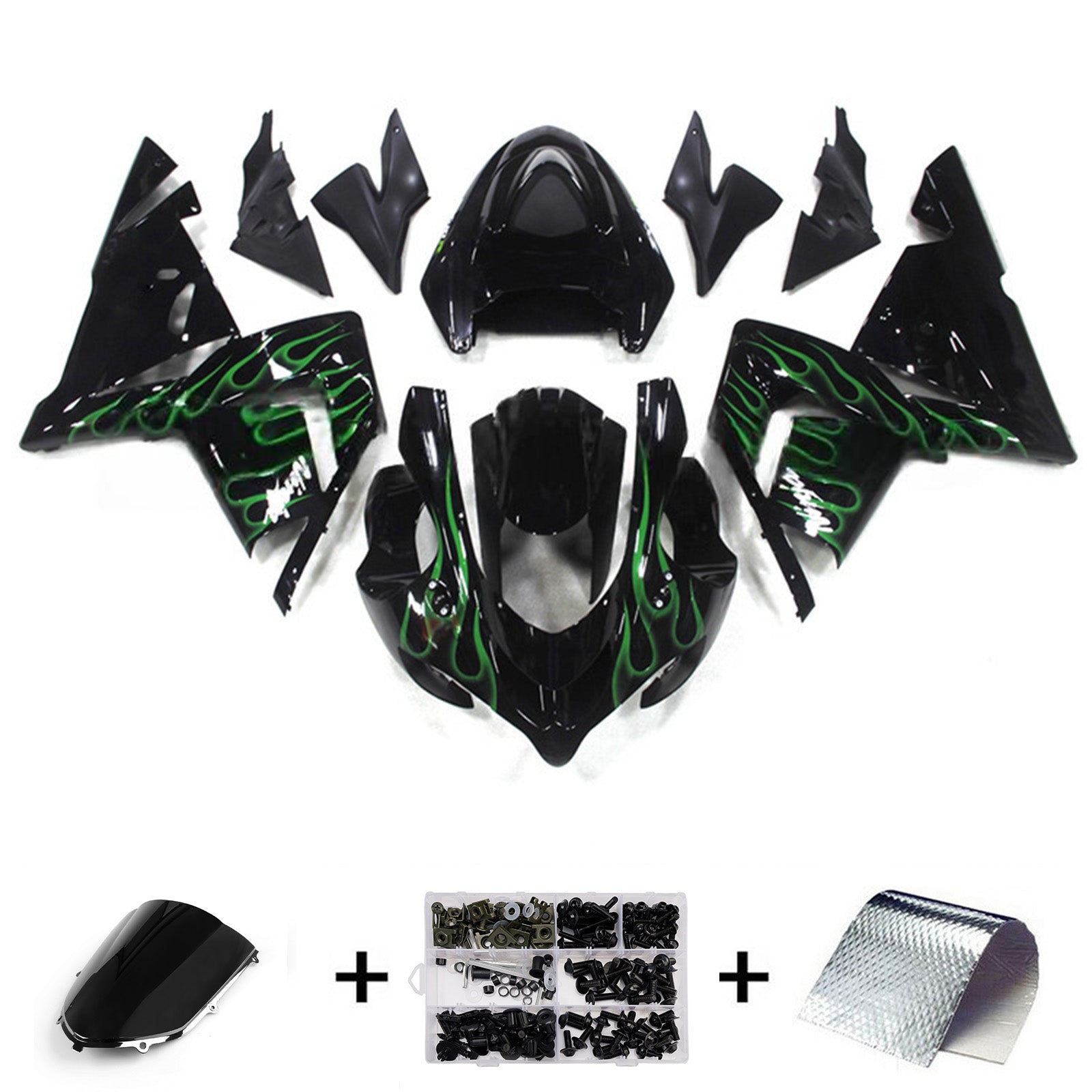 Amotopart 2004-2005 Kawasaki ZX10R Green Flame Black Fairing Kit