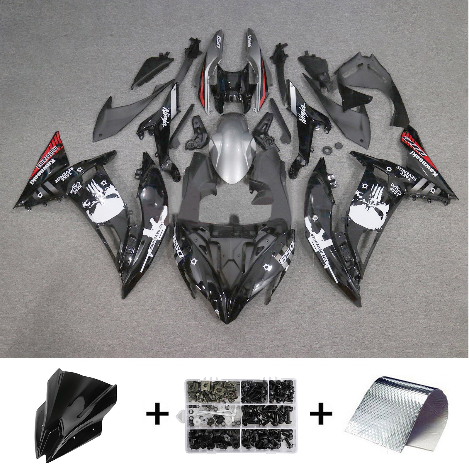 Amotopart 2017-2019 Kawasaki ER6F/Ninja650R Black with Skull Fairing Kit