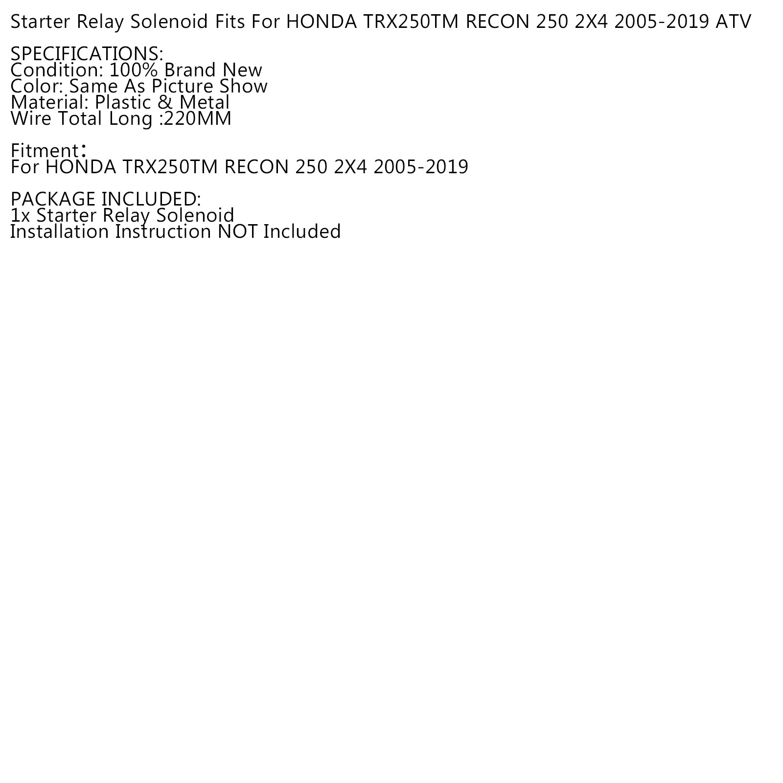 Starter Relay Solenoid For HONDA TRX250TM TRX250 TM RECON 250 2005-2019 2X4 ATV