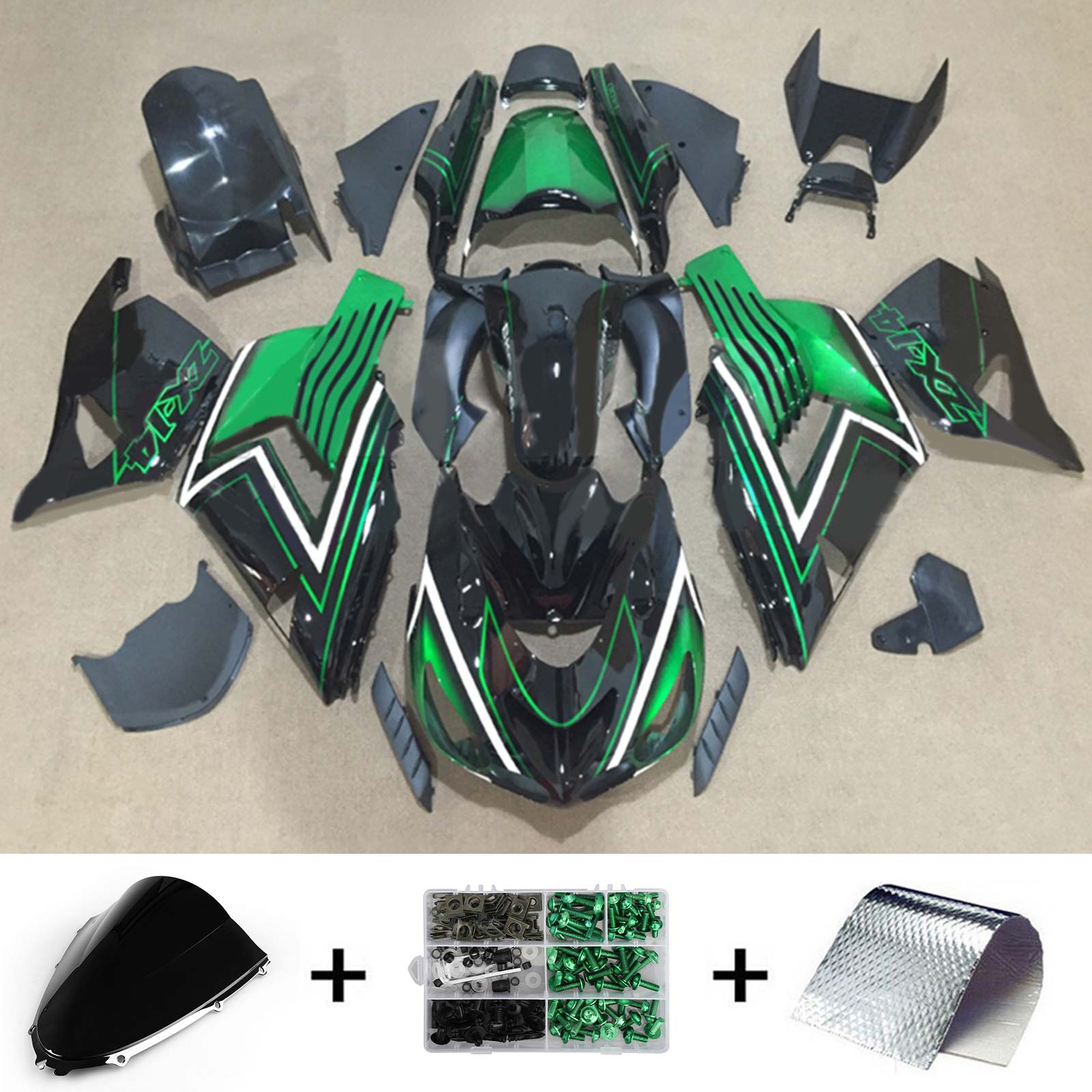 Amotopart 2006-2011 Kawasaki ZX14R Kit de carenado con rayas verdes y negro Style2