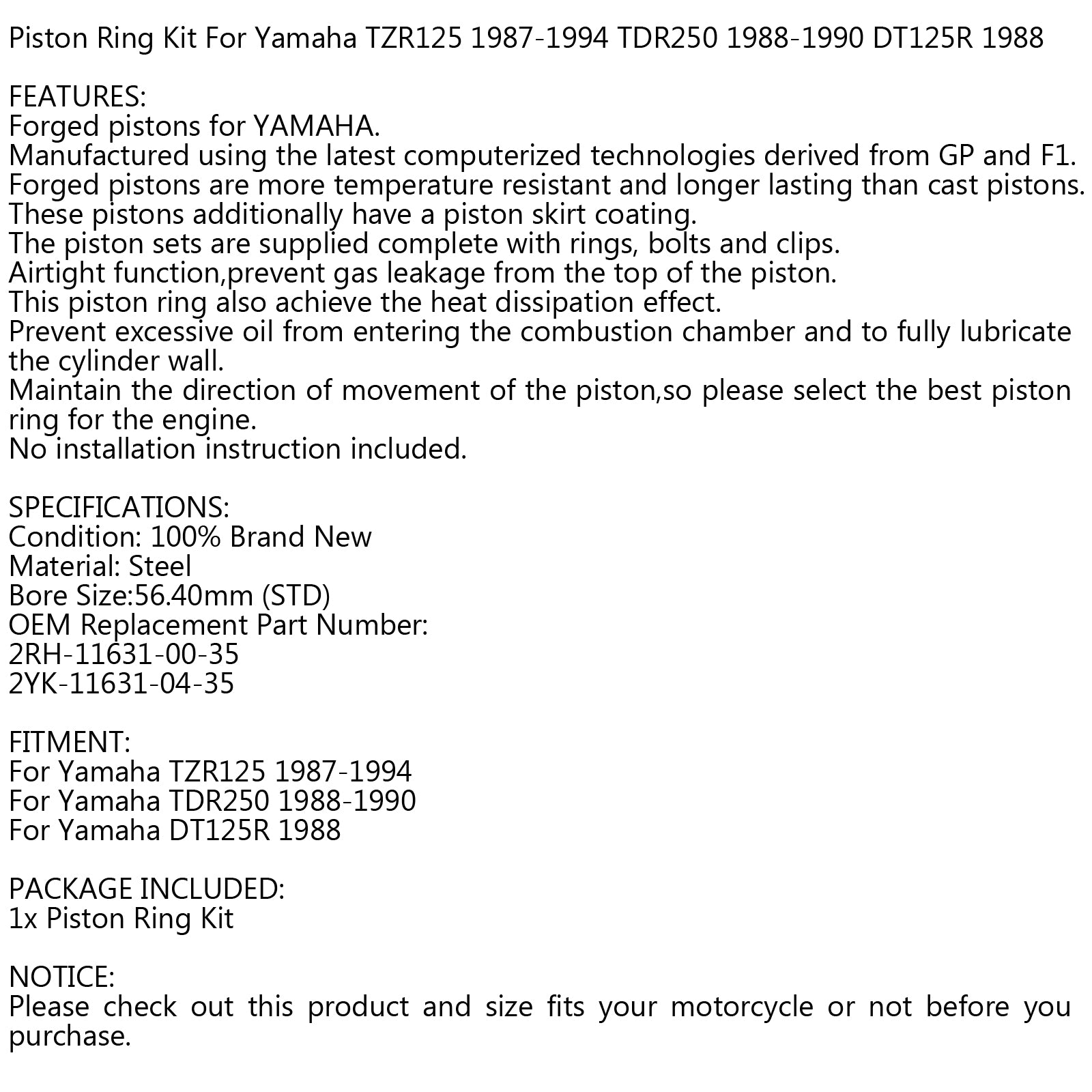 ヤマハ 87-94 TZR125 & 88-90 TDR250 & 1988 DT125R ピストンリング
