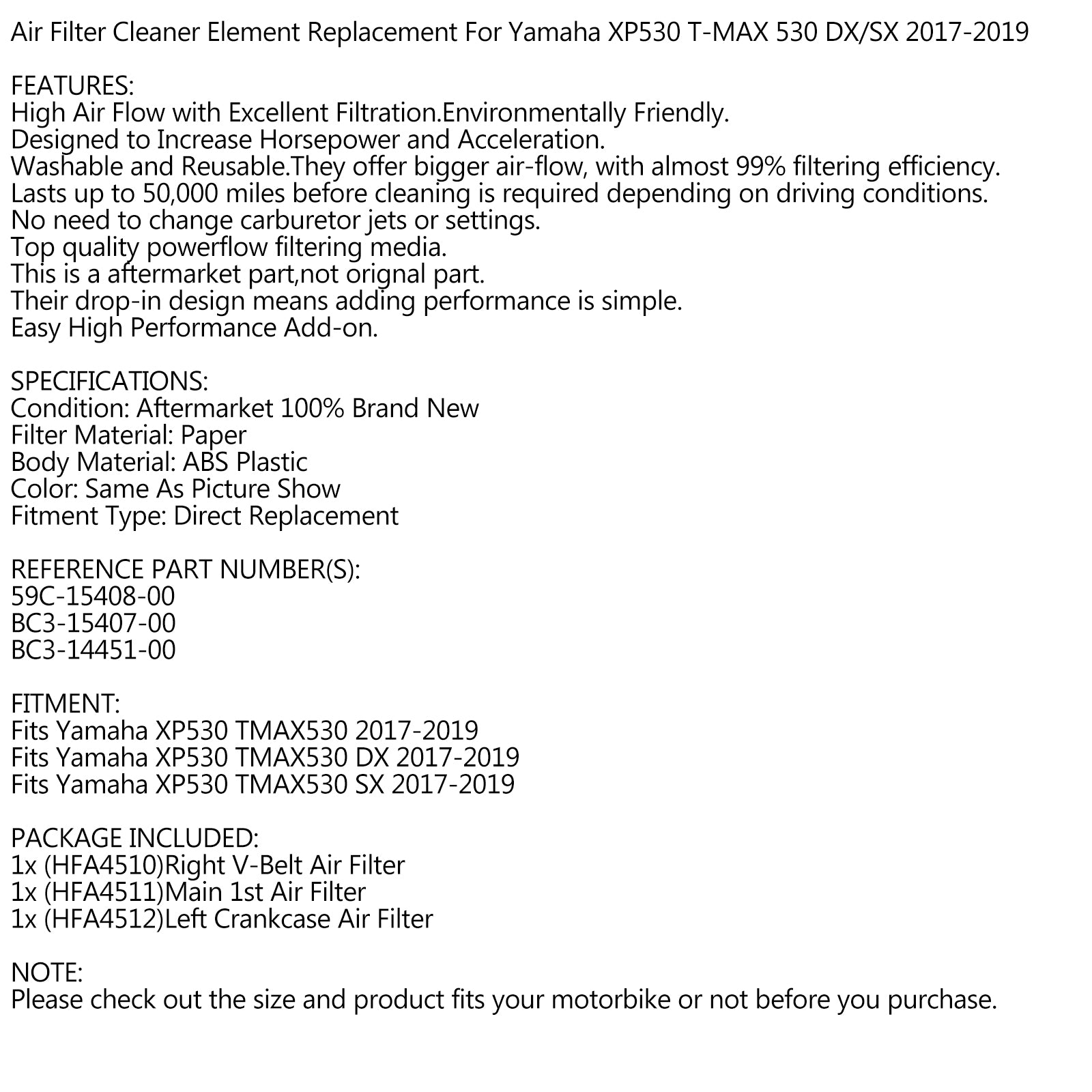 2017 2018 2019 Yamaha XP 530 XP530 TMAX T-MAX 530 SX/DX Set med luftfilter