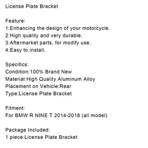 Motorcycle License Plate Holder Frame Bracket For BMW R NINE T 2014-2018 (all model)