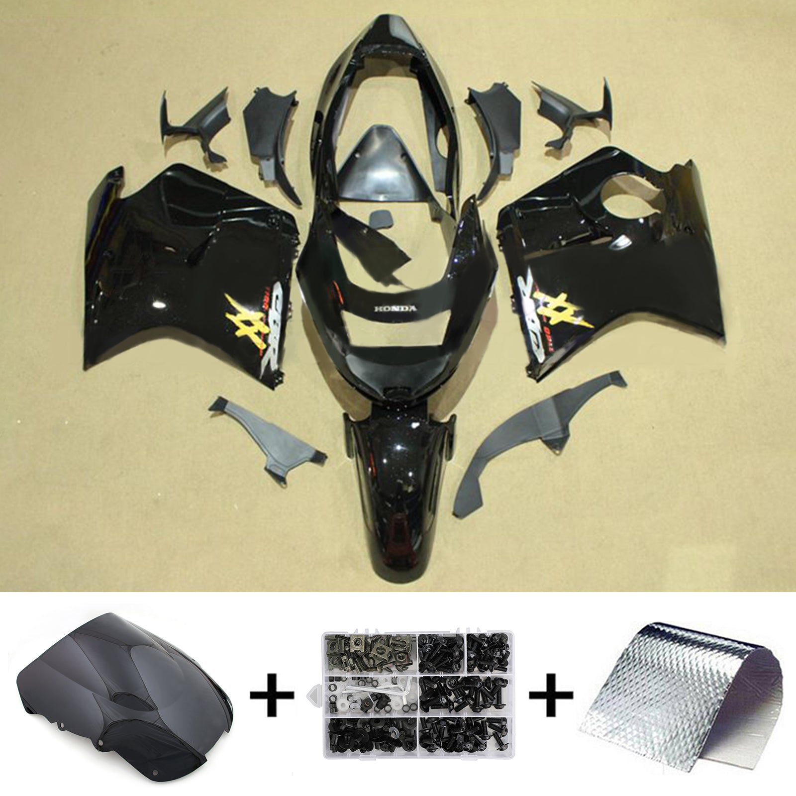 Amotopart 1996-2007 CBR1100XX SuperBlackBird ホンダ ブラック イエローロゴ付き フェアリングキット